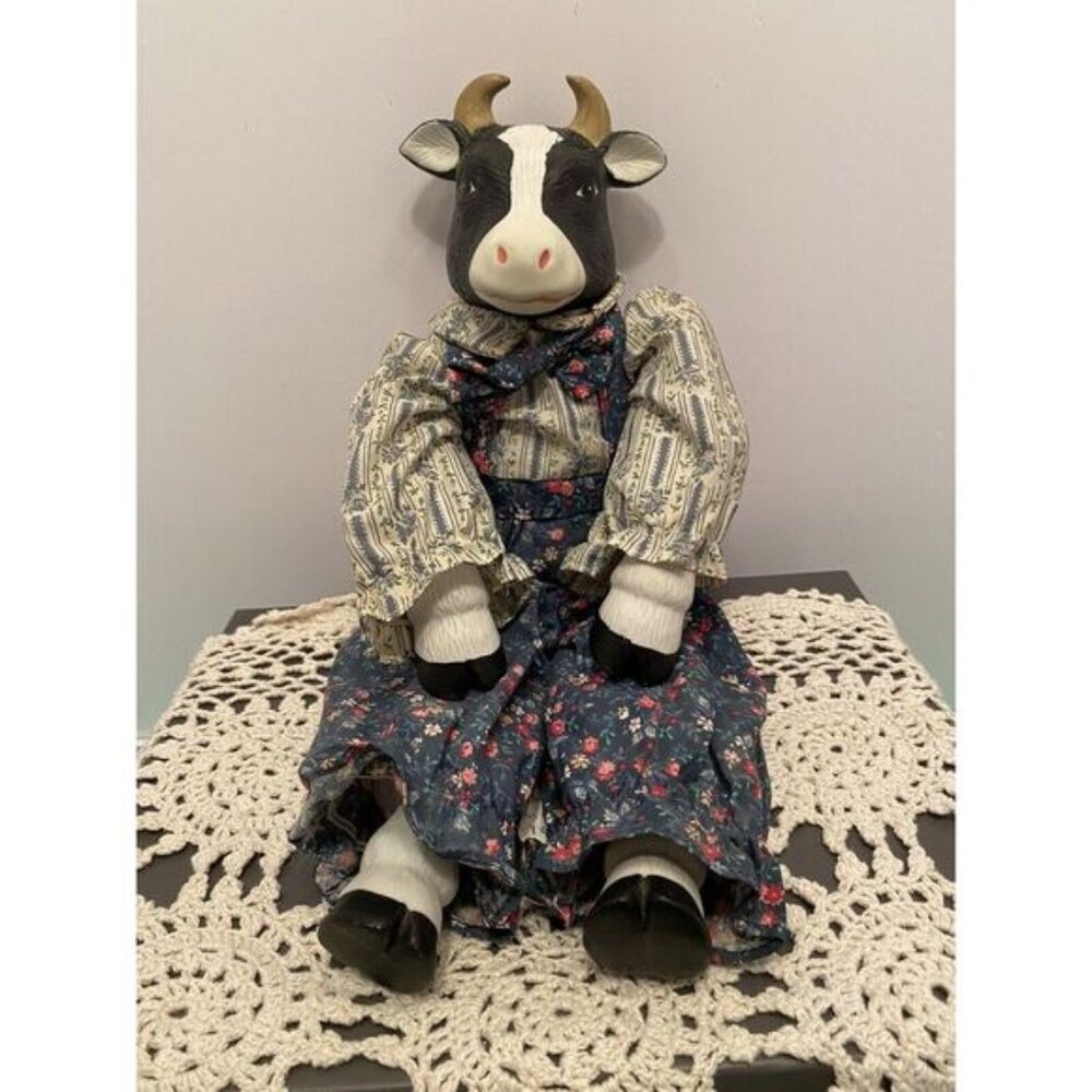 Vintage Porcelain Ceramic Cow Doll Floral Pants,Soft Body,Ceramic Hoofs. TL Toys